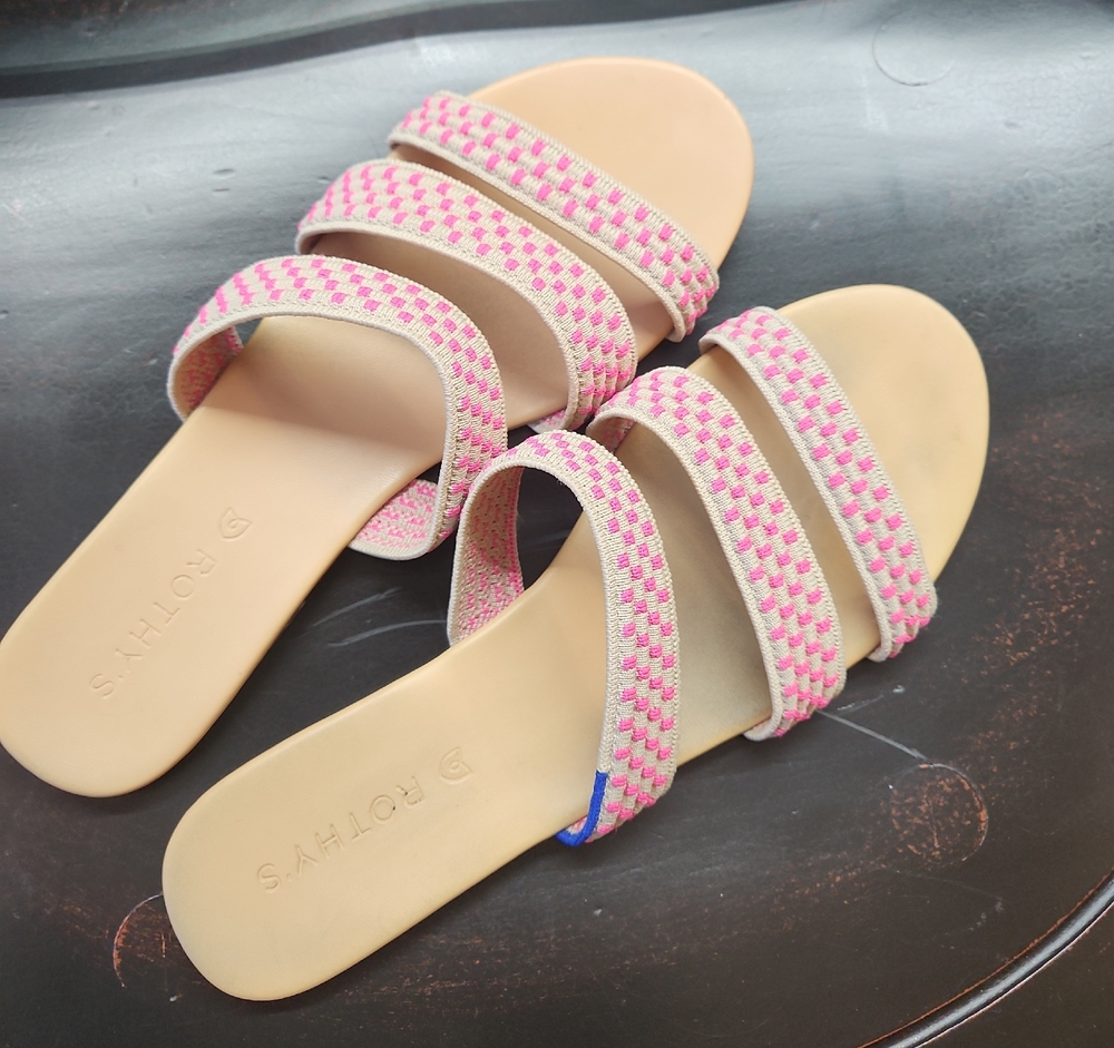 Rothy's Pink and Tan Slide Sandals with Multiple Straps